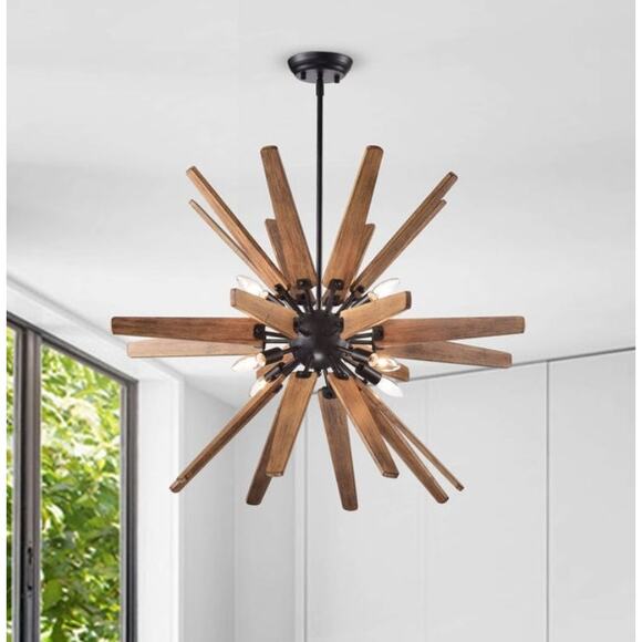 JOJOSPRING Bernice 8-Light Antique Blk Iron Base Sputnik Natural Wood Chandelier - Picture 13 of 13